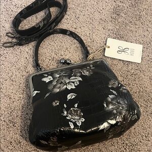 HOBO Leather Black and Gray Rose Croco Print Alba Crossbody Bag